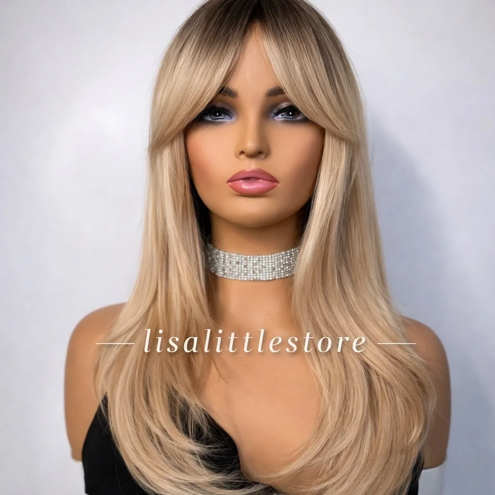 Ash Blonde Long Layered Wig | Curtain Bangs | Natural Blonde Glam Style